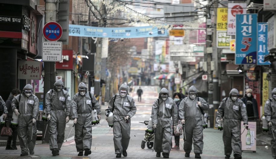 South Korean soldiers, in protective gear,